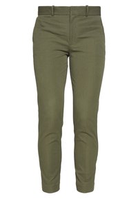 Olivgrön byxor i slim fit-design, tillverkade av ett slätt tyg med plana frontfickor och en ren midja, som smalnar av vid ankeln.