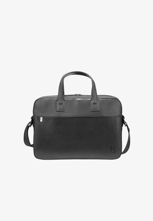 Borsa per laptop in pelle nera con doppio manico, tracolla regolabile, chiusura con cerniera e tasca frontale. Texture liscia e dettaglio logo in rilievo.