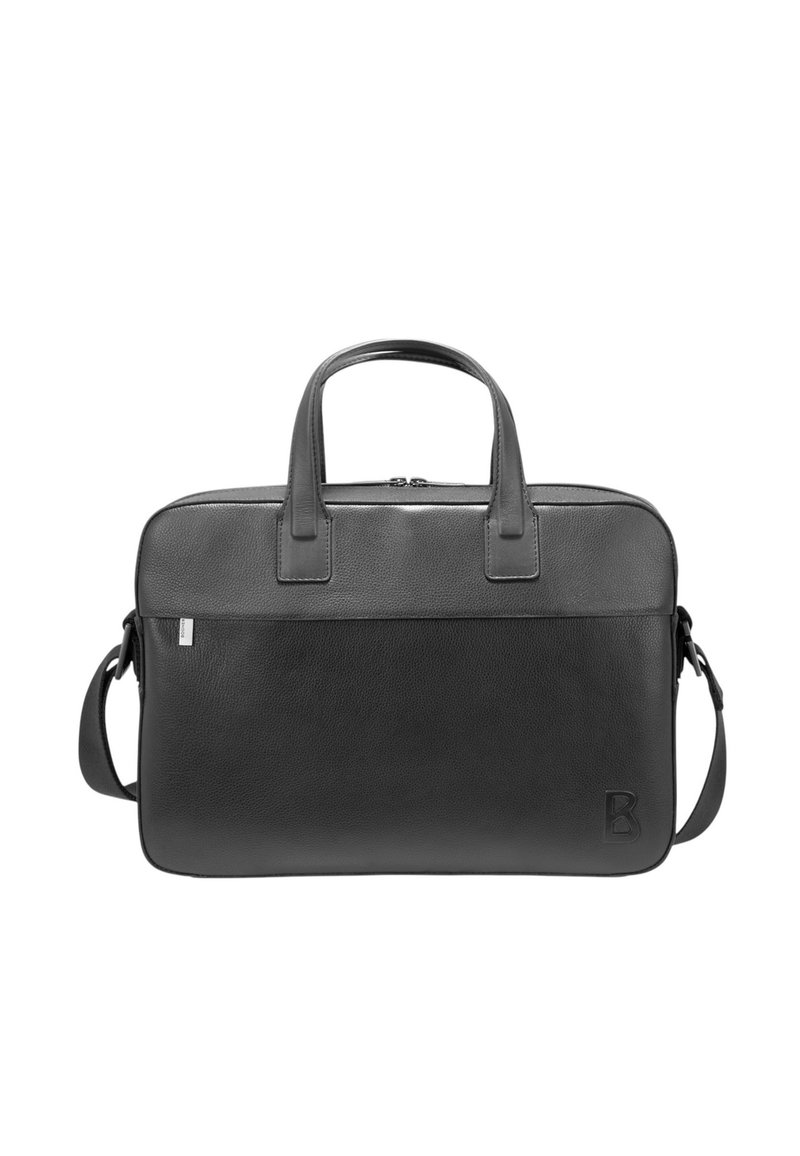 Černá kožená taška na notebook s dvojitými uchy, nastavitelným ramenním popruhem, zapínáním na zip a přední kapsou. Hladká textura a vyražené logo.