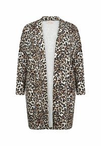 Cardigan s leopard uzorkom s otvorenim prednjim dijelom, dugim rukavima, izrađen od laganog materijala. Sadrži smeđe, bež i crne točkice na krem pozadini.