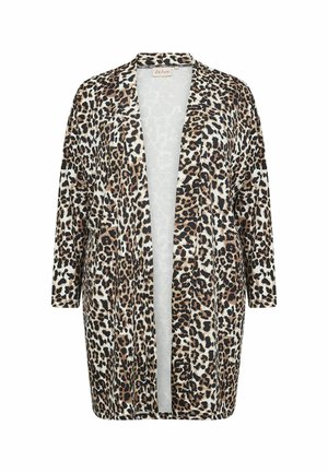 Cardigan en imprimé léopard avec un devant ouvert, manches longues, fabriqué en tissu léger. Présente des taches marron, beige et noires sur un fond crème.