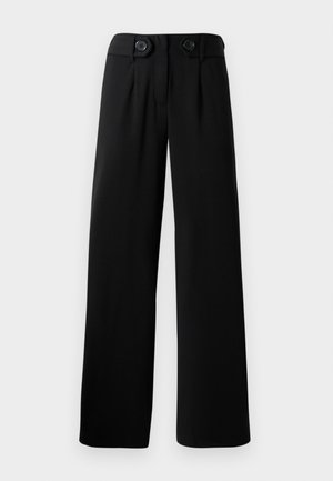 High-waisted black wide-leg trousers with two large black buttons at the waistband.