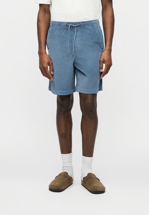 Man wearing light blue drawstring shorts, white socks, and brown slip-on shoes standing against a plain white background.