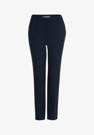 Pantaloni tailored blu navy con fronte piatto, gamba dritta e passanti per cintura. Realizzati in un tessuto liscio con una leggera trama e senza motivi visibili.