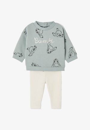 Mintgrüner Sweatshirt mit Bambi-Druck, ausgestattet mit gerippten Bündchen, kombiniert mit beigen gerippten Leggings. Weicher Baumwollmix, lässige Passform.