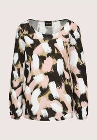 Meer gekleurde blouse met penseelstreekpatronen in roze, wit en zwart op een beige achtergrond. Losse pasvorm met lange mouwen.