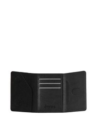 Black leather wallet with a textured finish, featuring multiple card slots, a coin pocket, and a debossed brand logo.