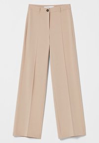 Beige wijde broekspijpen met een op maat gemaakte uitstraling, voorzien van voorplooien, een enkele knoopsluiting en een gladde, gestructureerde stoftextuur.