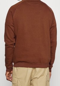 Felpa marrone con orlo e polsini a costine, dotata di scollo rotondo e maniche raglan. Texture liscia, design minimalista e senza loghi visibili.