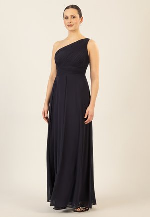 Nachtblaues, einseitigträger Abendkleid mit plissiertem Oberteil und fließendem Rock. Verfügt über einen taillierten Bund und feine Stofftextur.