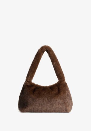Brown faux fur handbag with a rounded shape, a soft and fluffy texture, and a doubled handle. Seamless design with no visible hardware.