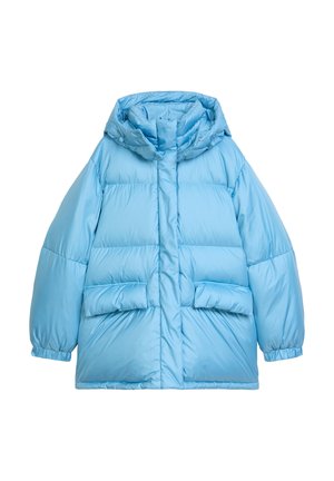 Lichtblauwe gewatteerde jas met capuchon, met een gequilte ontwerp, twee voorzakken en elastische manchetten. Glad, glanzende textuur.