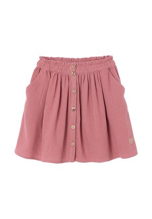 Rosa geraffter Rock mit elastischem Bund, vorderen Holzknöpfen, seitlichen Taschen und kleinem gesticktem Herz auf der unteren rechten Seite.