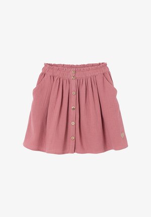 Pink gathered skirt with elastic waistband, front wooden buttons, side pockets, and small embroidered heart on lower right side.