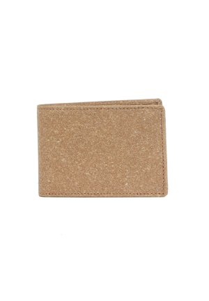 Brown cork wallet with a textured surface, bi-fold design, and visible stitching along the edges. Compact and rectangular shape.