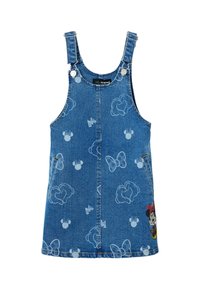 Vestido de mezclilla con tirantes ajustables, color azul claro, que presenta patrones del Ratón Mickey y lazo en blanco, y un gráfico de Minnie Mouse en el costado.