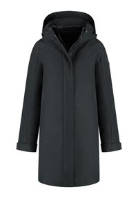 Manteau à capuche noir mi-long avec manches longues, fermeture éclair à l'avant avec boutons-pression et manches à poignets, conçu pour les temps froids.