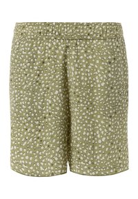 Zielone szorty z teksturowanej tkaniny, z białym wzorem w kropki. Elastyczny pas i luźny krój.