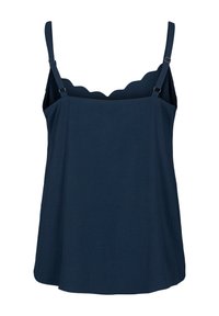 Top sin mangas de color azul marino con escote festoneado, tirantes ajustables y un corte relajado. Fabricado en una tela suave y ligera.