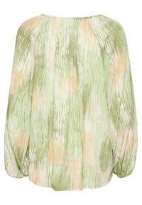 Prozračna bluza u zelenim i bež nijansama s teksturiranim tie-dye uzorkom. Ima okrugli izrez i duge rukave s nabranim detaljima.