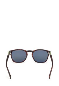 Aurinkolasit, joissa on kilpikonnan kuosiset neliökehyset, tummat linssit ja ohuet vartaat. Vasemmassa vartalossa hienovarainen vihreä yksityiskohta.