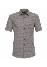 Koszula z krótkim rękawem z geometrycznym wzorem w granatowym, czerwonym i kremowym kolorze, z kołnierzykiem na guziki i kieszonką na piersi.