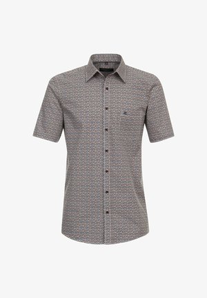 Kurzarmhemd mit geometrischem Muster in Marineblau, Rot und Creme, mit Button-Down-Kragen und einer Brusttasche.