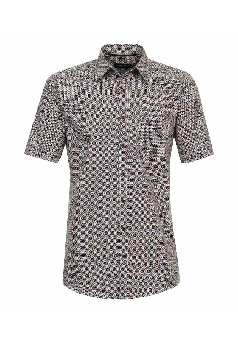 Koszula z krótkim rękawem z geometrycznym wzorem w granatowym, czerwonym i kremowym kolorze, z kołnierzykiem na guziki i kieszonką na piersi.