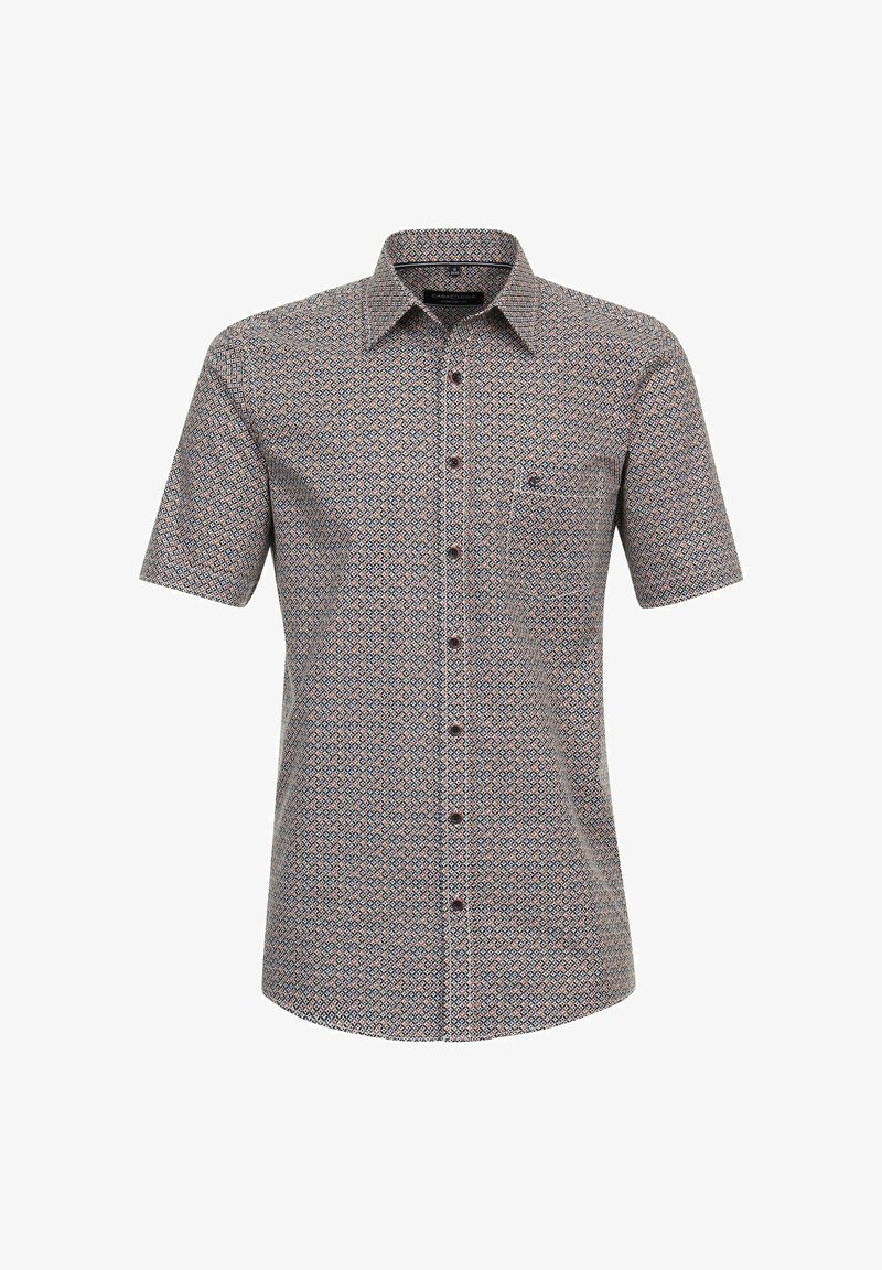 Koszula z krótkim rękawem z geometrycznym wzorem w granatowym, czerwonym i kremowym kolorze, z kołnierzykiem na guziki i kieszonką na piersi.