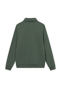 Green pullover sweatshirt with a collar, long sleeves, and ribbed cuffs. Smooth texture with minimalistic design and no visible patterns.
