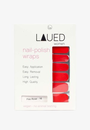 Red nail polish wraps in glossy finish displayed in clear packaging. Text on the package highlights features: easy application, removal, and vegan.