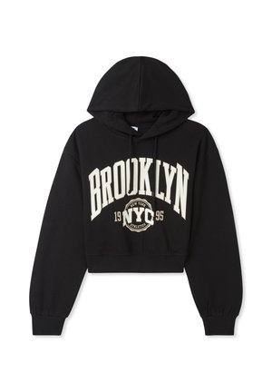 Felpa nera cropped in cotone, con una stampa bianca "BROOKLYN NYC 1995". Include un cappuccio e polsini a coste.