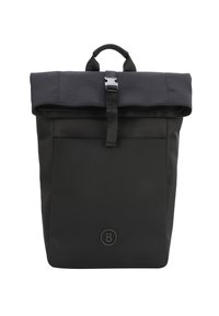 Schwarzer Rolltop-Rucksack aus strapazierfähigem Stoff, mit einem Reißverschlussverschluss, einer Vordertasche und einem strukturierten Griff.