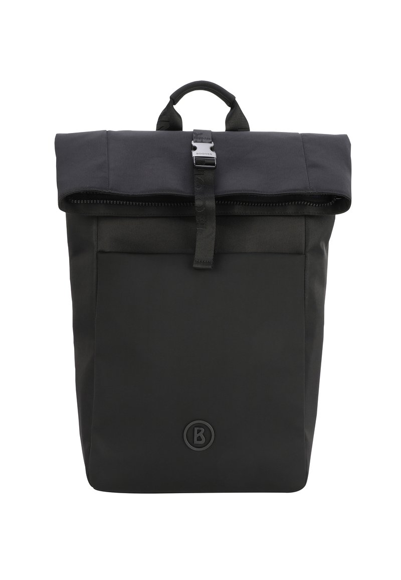 Schwarzer Rolltop-Rucksack aus strapazierfähigem Stoff, mit einem Reißverschlussverschluss, einer Vordertasche und einem strukturierten Griff.