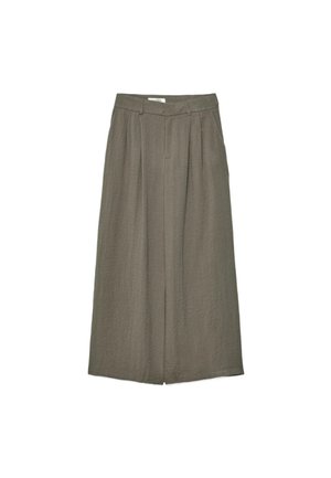 Ravne, do gležnja dolge hlače olivno zelene barve z teksturo, z sprednjimi gubami, zankami za pas in skritim sprednjim zapiranjem.