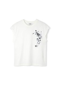 Witte katoenen t-shirt met opgerolde mouwen, voorzien van een zwart-wit bloemenmotief aan de linkerkant. Zachte textuur en een relaxte pasvorm.