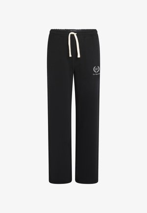 Pantaloni da tuta neri con vestibilità rilassata, dotati di una vita con cordino e un piccolo logo bianco sul lato sinistro. Tessuto morbido e liscio.