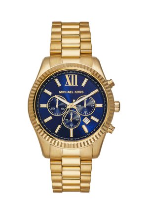 Montre-bracelet Michael Kors en or avec cadran bleu, trois sous-cadrans, index dorés, chiffre romain XII et affichage de la date à 4 heures.