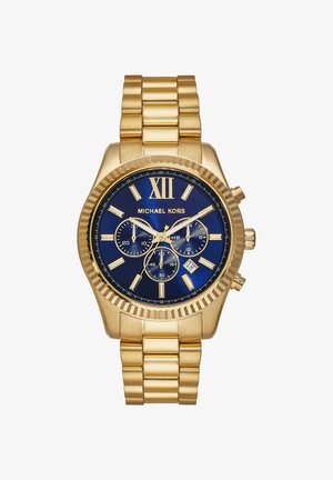 Złoty zegarek Michael Kors z niebieską tarczą, trzema subtarczami, złotymi indeksami godzin, rzymską cyfrą XII i wskaźnikiem daty o godzinie 4.