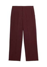 Pantaloni larghi color marrone bordeaux, con chiusura a bottone, due tasche laterali, tessuto strutturato e una texture liscia senza motivi.