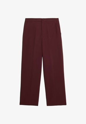 Maronfarvede vidde bukser med knaplukning, to sidelommer, struktureret stof og en glat overflade uden mønstre.