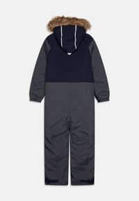 Traje de nieve aislado en azul marino y gris con capucha forrada de piel sintética, puños elásticos y cierres de gancho y bucle en los tobillos para un ajuste ajustable.
