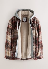 Chaqueta de cuadros con un interior suave color crema, capucha gris y cordones. La tela exterior texturizada presenta colores rojo, marrón y tostado en un patrón de cuadros.