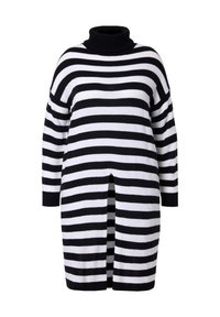 Tunic a righe bianche e nere in maglia con collo alto e fessura frontale, caratterizzata da spalle scese e maniche lunghe.