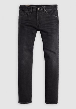 Black denim jeans with a straight cut, featuring five pockets, a button closure, and visible stitching along the seams.
