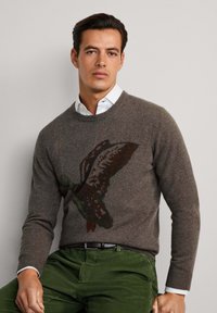 Maglione a maglia marrone con una grafica di uccello in tonalità più scure, indossato sopra una camicia bianca con colletto, abbinato a pantaloni in corduroy verdi.