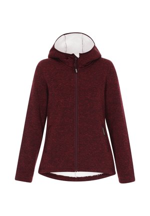 Burgundia kapuutsiga jakk tekstuurse kangaga, millel on täispikk eesmine lukku, kaks külgtaskut ja pehme fliisi sisepind.