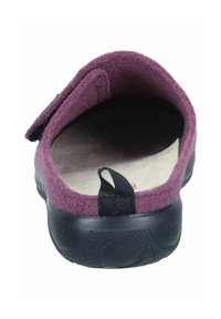Mauve felt slip-on shoe with a black rubber sole, featuring a back loop for easy wearing. Interior is beige with slight cushioning.
