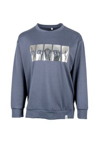 Niebieska bluza z długimi rękawami, z srebrnym odblaskowym napisem "marat" na piersi i miękką, gładką fakturą.