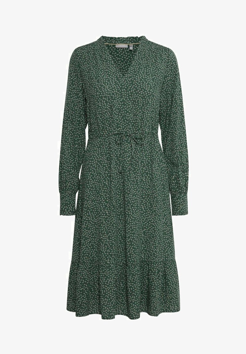 Robe midi verte à manches longues avec imprimé floral blanc délicat, col en V, taille froncée avec lien et ourlet volanté.